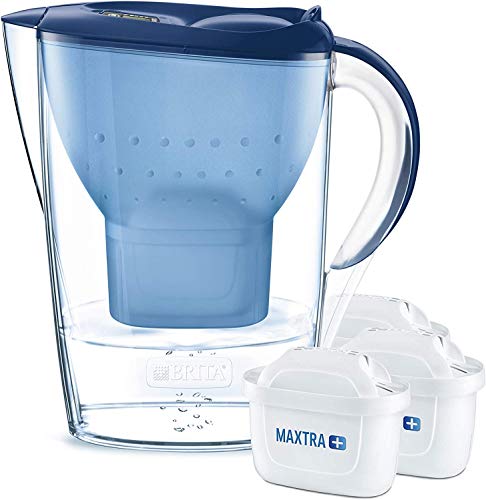 BRITA Wasserfilter Marella blau inkl. 3 MAXTRA+ Filterkartuschen – BRITA Filter Starterpaket zur Reduzierung von Kalk, Chlor, Blei, Kupfer & geschmacksstörenden Stoffen im Wasser